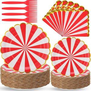 MEANPLAN 240피스 카니발 파티 접시 용품 종이 스트라이프 냅킨 레드 서커스 휴일 플라스틱 장식 포크