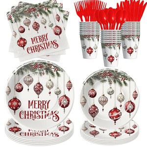SRUA DON 크리스마스 파티 종이 커틀러리 용품 홀리데이 24인용 냅킨 일회용 메리 플레이트 접시 식기 장식 테마