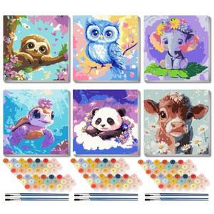 VIVIDMENG 6팩 액자 캔버스용 숫자 키트 벽 쉬운 어린이용 장식 DIY 및 페인트 숫자별 선물용 4-8-12세 동물 가정용 페인트, 키트(8X8인치) 아크릴