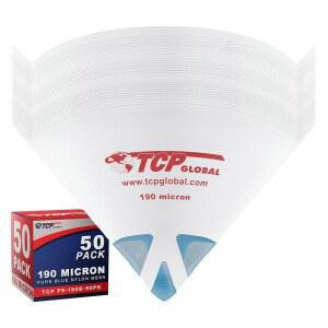TCP GLOBAL - 190 미크론 필터 나일론 스트레이너 콘 자동차, 집 페인트 취미용 (50팩) 여과기 블루 초미세 퓨어 메시 팁