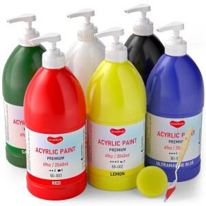 SMALLBUDI 6가지 색상 대형 아크릴 물감 가죽 캔버스 페인트 펌프 무독성 페인팅 포함 크래프트용, 및 표면 원단 (2040ML(67온스), 락 아트 세트 목재 벌크 2040ML) 멀티 용품,