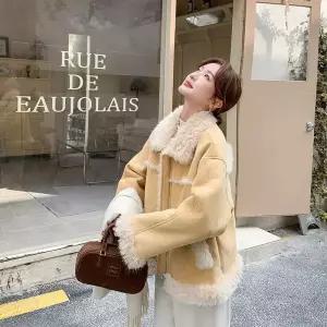 피로달 여성용 페이크 퍼 일체형 코트 자켓 가죽 HO1