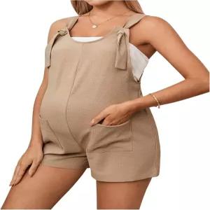 OYOANGLE 여성 임산부 넥타이 매듭 와이드 스트랩 서스펜션 전체 반바지 점프수트 슬리브리스 로퍼 포켓