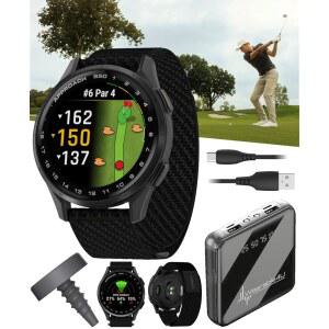 가민, 블랙 컴포트핏 나일론 밴드가 장착된 S50 골프 GPS 스마트워치 슬레이트 알루미늄 베젤, 웨어러블 4U 파워 뱅크 번들이 CT1 클럽 트래킹 태그 접근