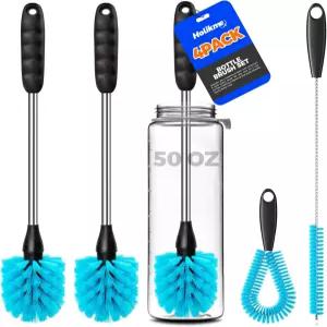 홀릭메 4팩 병 브러시 세트 145인치 길이 손잡이 스테인리스 스틸 클리너 물병용 긴 4in1 컵 연마 휠