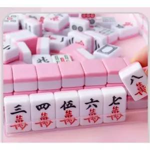 프리미엄 마작패 테이블보 홀덤 주사위 마작 세트 26 핑크 보관 가방 줄자