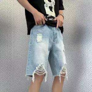 스콕 순면 팬츠에 숏 워싱 통통 대미지 청바지 트렌드 중바지 반바지 사이즈업 남성 청 5부 JEN1