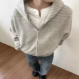 스콕 가을 남성용 카디건 집업 스트라이프 살구 후드티 후드티셔츠 커플 JEN3