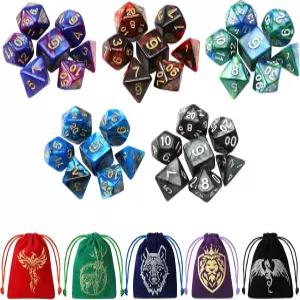 Grajar 35Pcs DND 주사위 세트 5가지 컬러풀한 동물 패턴 파우치 던전 및 드래곤용 다면체 DD TTRPG MTG