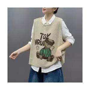 여자 니트 면 가을 니트조끼 조끼 캐릭터 페인팅 프린트 풀오버 라운드 나시 상의 CH3