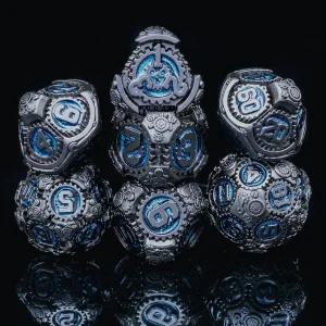 롤도메인 메탈 DND 주사위 세트 선물 케이스가 포함된 블루 스팀펑크 기계 기어 헤비 DD DM 및 플레이어를