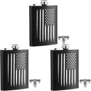 남성용 주류용 천구 3개 아메리칸 플래그 힙 플라스크 8온스 깔때기 누수 방지 스테인리스 스틸 블랙 포켓