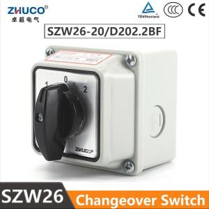 ZHUCO SZW26LW26-20 20A 3 위치 2 극 8 나사 선택기 전환 방수 및 방진 밀폐형 상자가 있는 로터리 캠