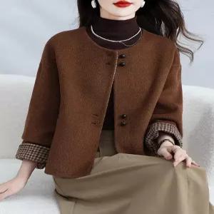 빅사이즈 울 숏자켓 겨울 체크 소매 배색 라운드넥 코트