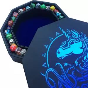 판타지 주사위 전쟁 유니콘 블루 9인치 옥타곤 트레이 뚜껑이 있는 장엄한 아트워크와 DD RPG 테이블탑