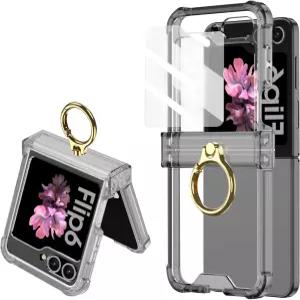 삼성 갤럭시 Z 플립 6 클리어 케이스 럭셔리 힌지 보호 링 홀더 및 스크린 프로텍터 소프트 올 인클루시브