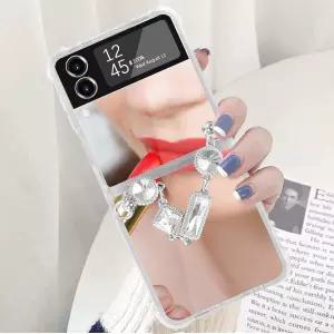 삼성 갤럭시 Z 플립 3 여성용 5G 미러 케이스 럭셔리 3D 스파클 크리스탈 다이아몬드 스트랩 팔찌 체인