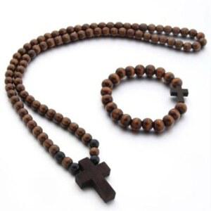 푸키만맨2020 클래식 천연 나무 구슬 묵주 크로스 펜던트 목걸이 팔찌 세트 여성 남성용 수제 크리스천 기도 주얼리