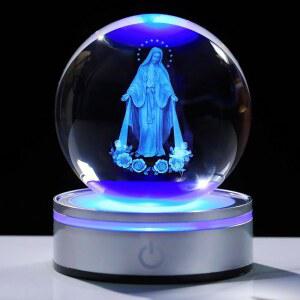 모브디카 3D 크리스탈 볼 성모 마리아 동상 여성 남성 가톨릭, 각인 축복받은 어머니 피규어 장식과 야간 조명 베이스, 친구 신앙을 위한 기독교 선물