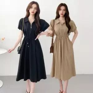 하객패션 여성 여름 반팔 카라 집업 레이스업 데일리 원피스