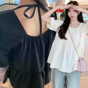 포켓 여성 사랑스러운 루즈핏 퍼프 백리스 여름 블라우스