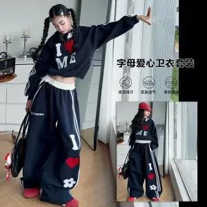 댄스복 방송 아이돌 무대 의상 발표회 가을의류 세트 청 레터 풀오버 상의바지 2피스 키즈 스웨트셔츠 패션