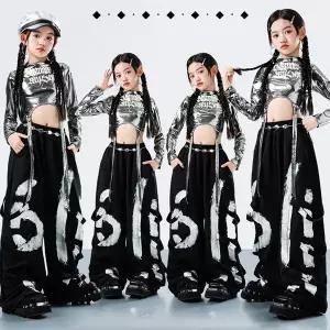 댄스복 방송 아이돌 무대 의상 발표회 여자 힙합 의류 실버 반짝 이는 탑 낙서 바지streetwear 키즈 그룹
