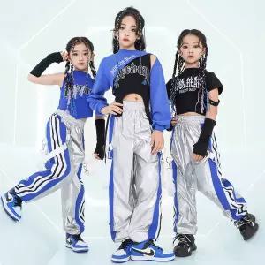 댄스복 방송 아이돌 무대 의상 발표회힙합 키즈 의류 블루 탑 실버 바지 패션 쿨 재즈 공연 코스튬 캣워크