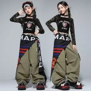 댄스복 방송 아이돌 무대 의상 발표회 키즈 힙합 의류 블랙 크롭 긴 탑 아미 그린 패러슈트 팬츠 그룹 스트