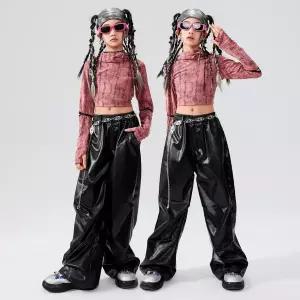 댄스복 방송 아이돌 무대 의상 발표회 여자 힙합 의류 세트 크로프트 빨간 후드 탑 Pu 가죽 바지 키즈 스트