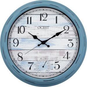 OCEST 16인치 실내 실외 시계 온도계가 있는 방수 대형 벽 파티오 풀 현관 정원 차고 (블루 )를 위한 무음