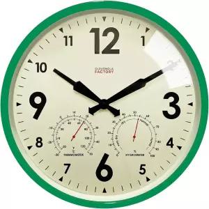 온도계와 습도계가 장착된 Cloudnola 실내 방수 금속 벽 시계 녹색 12인치 무음 무티킹 배터리로 파티오와