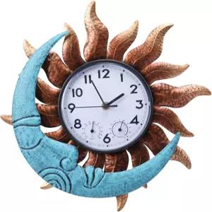 MUMTOP 14인치 태양과 달 실외 시계 파티오 풀 거실 홈 데코를 위한 온도계가 있는 방수 벽 외부