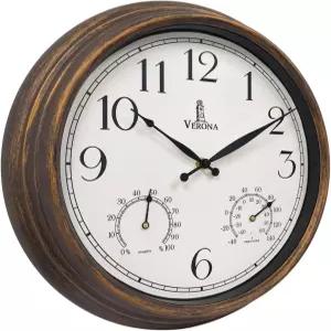 온도계가 있는 파티오 방수용 실외 시계 - 온도와 습도가 14인치 실내 수영장 정원 및 홈 데코를 위한 방수