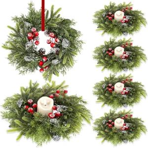칸메이 6PCS 크리스마스 양초 반지 빨간 리본이 달린 10.6인치 인조 화환 축제용 소나무와 열매 X-마스