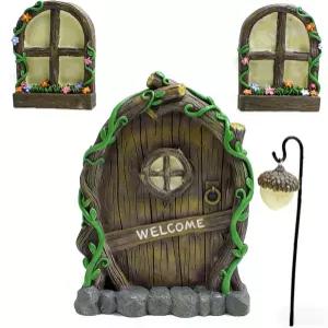 Aicnsepec 4개 미니어처 요정 정원 액세서리 어두운 문의 빛 나무 마당 집 장식용 창문
