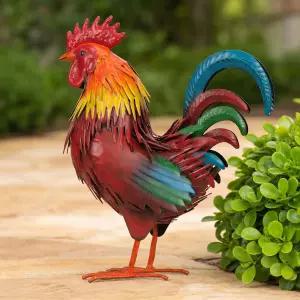 라투오르 루스터 정원 조각상 금속 닭장 장식 야외 피규어 파티오 뒷마당 (빨간색)