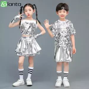 댄스복 방송 아이돌 무대 의상 발표회 LOlanta 키즈 재즈 댄스 공연 스팽글 탑 반짝 이는 메탈릭 실버 스커