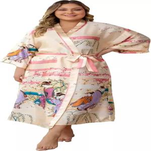 페슬리악 여성용 플로럴 롱 새틴 로브 플러스 사이즈 실크 공작 키모노스 슬립웨어 드레싱 가운