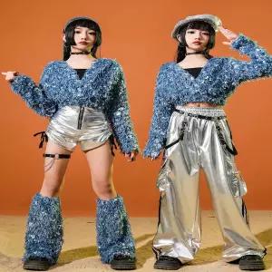 댄스복 방송 아이돌 무대 의상 발표회 모던 재즈 댄스 코스튬 용 블루 스팽글 후드 상의 실버 바지 힙합 키