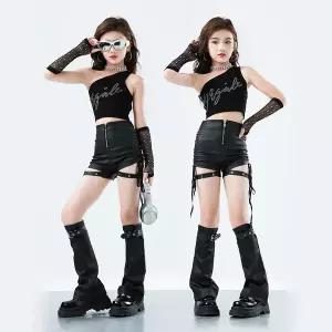 댄스복 방송 아이돌 무대 의상 발표회 키즈 K팝 힙합 의류 블랙 원숄더 크롭 탱크탑 사이드 타이 인조 가죽