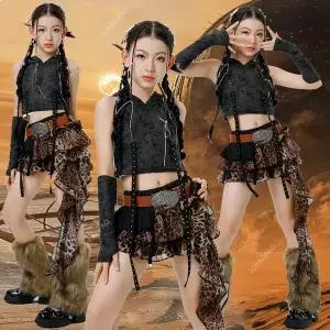 댄스복 방송 아이돌 무대 의상 발표회 용 볼룸 힙합 댄스 후드 루즈한 상의 레오파드 무늬 스커트 스트리트