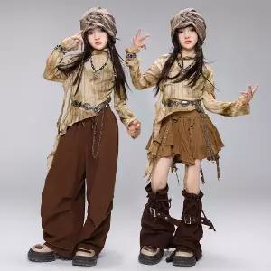 댄스복 방송 아이돌 무대 의상 발표회 키즈 힙합 의류 디스트레스드 크롭탑 티셔츠 커피색 캐주얼 와이드