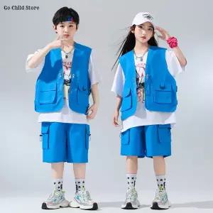 댄스복 방송 아이돌 무대 의상 발표회 아동 힙합 블루 티셔츠 스트릿 댄스 카고 반바지 K팝 스트릿웨어 재