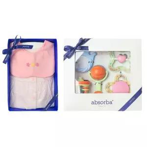 갤러리아 (압소바출산,백일옷)크롱바디슈트(턱받이)+5종딸랑이세트(A13-10629S