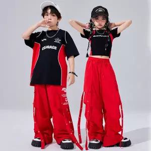 댄스복 방송 아이돌 무대 의상 발표회힙합 의류 블랙 레터 티셔츠 크롭탑 레드 캐주얼 와이드 스트랩 카고