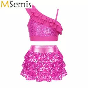 댄스복 방송 아이돌 무대 의상 발표회 용 스팽글 재즈 라틴 댄스 세트 메탈릭 크롭탑 퀼로트 스커트 발레