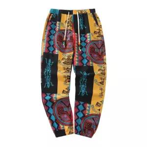 Mens Boho Tribal Print 스트레치 리넨 Pnats 코튼 블렌드 드로스트링 경량 바지(포켓 포함) 여름 조깅