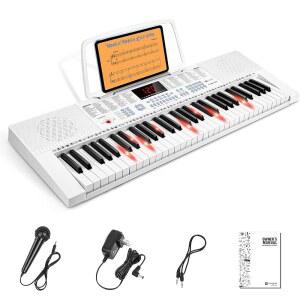 초보자를 위한 뱅고아 VGK611 전기 키보드, 미니 불이 켜진 키가 있는 61개의 키 휴대용 음악 , 소년, 소녀, 흰색을 전자 피아노