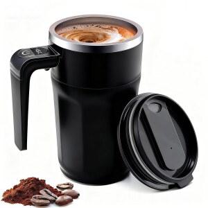 쉘프로수 셀프 교반 커피 머그잔, 뚜껑이 있는 자동 자기 컵, 커피, 우유, 블랙 용 LCD 온도계가 내장된 전기 머그잔